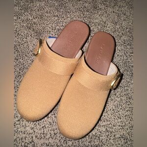 Rothy's Tan Mules with Gold Buckle